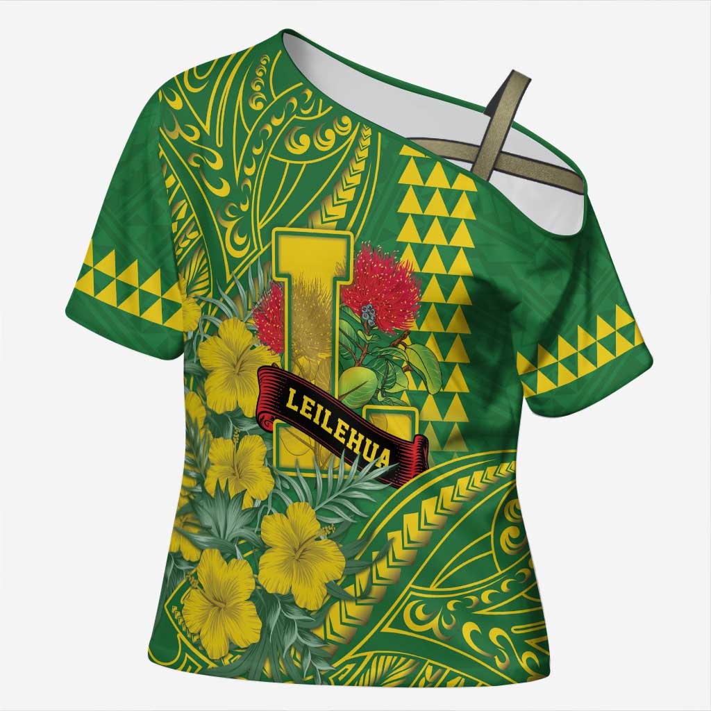 Personalised Hawaii Leilehua High School Cross Shoulder Shirt Tribal Tattoo With Hibiscus Flowers LT05 Female Green - Polynesian Pride