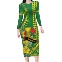Personalised Hawaii Leilehua High School Family Matching Long Sleeve Bodycon Dress and Hawaiian Shirt Tribal Tattoo With Hibiscus Flowers LT05 Mom's Dress Green - Polynesian Pride