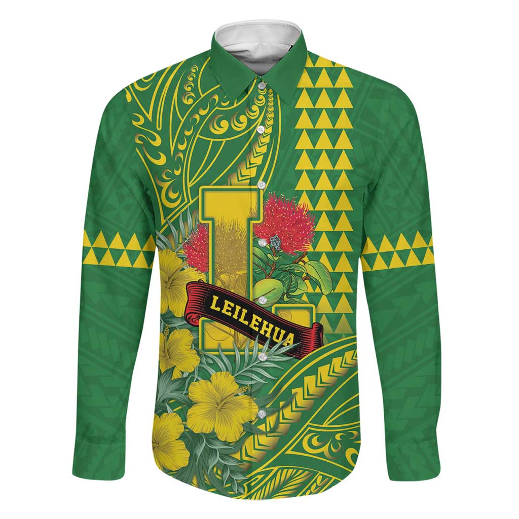 Personalised Hawaii Leilehua High School Family Matching Off The Shoulder Long Sleeve Dress and Hawaiian Shirt Tribal Tattoo With Hibiscus Flowers LT05 Dad's Shirt - Long Sleeve Green - Polynesian Pride