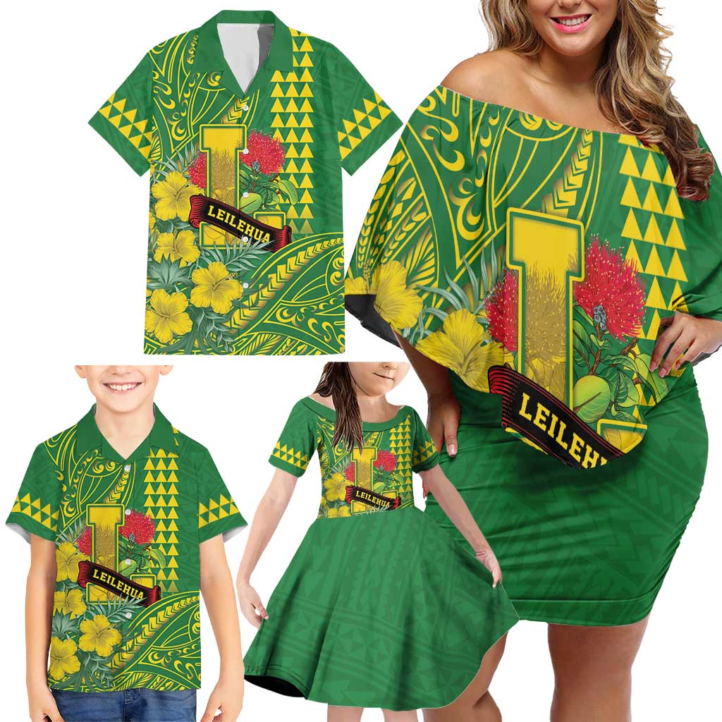 Personalised Hawaii Leilehua High School Family Matching Off Shoulder Short Dress and Hawaiian Shirt Tribal Tattoo With Hibiscus Flowers
