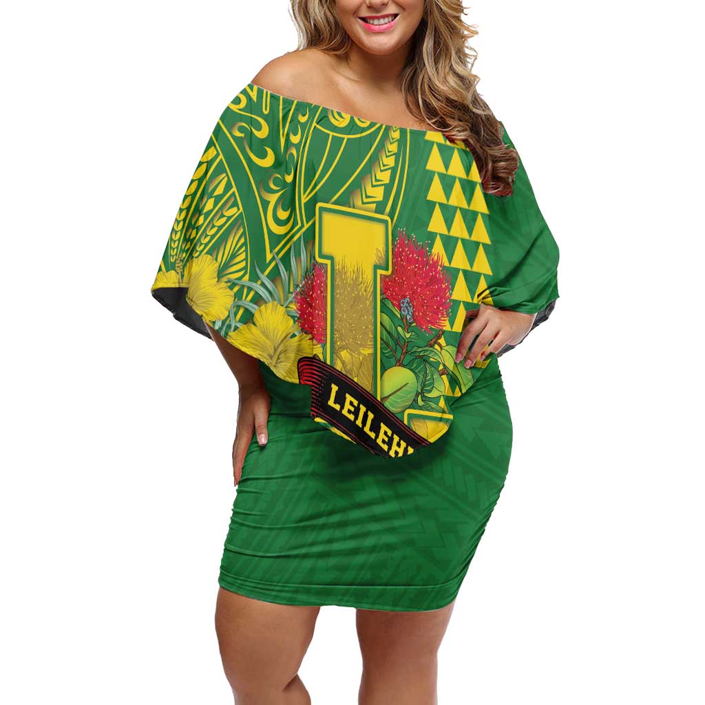 Personalised Hawaii Leilehua High School Family Matching Off Shoulder Short Dress and Hawaiian Shirt Tribal Tattoo With Hibiscus Flowers LT05 Mom's Dress Green - Polynesian Pride