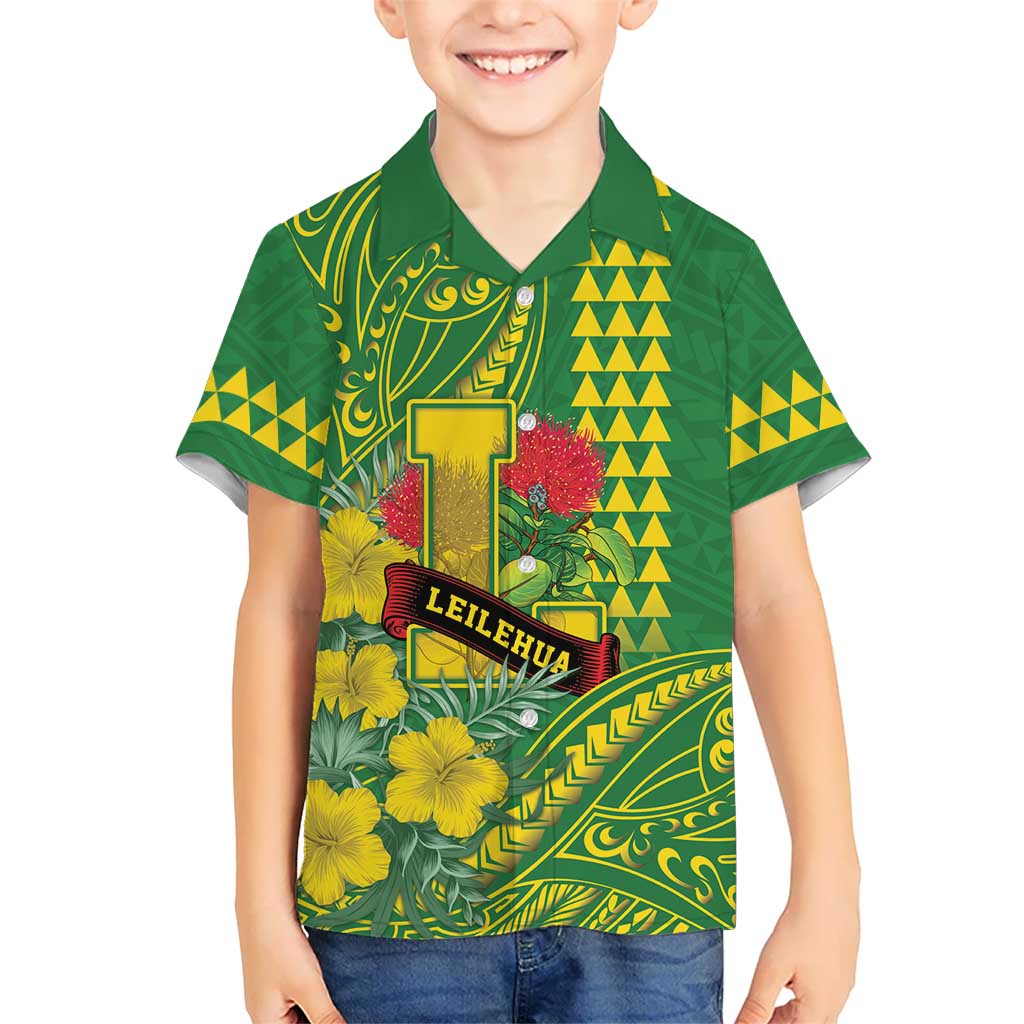 Personalised Hawaii Leilehua High School Family Matching Tank Maxi Dress and Hawaiian Shirt Tribal Tattoo With Hibiscus Flowers LT05 Son's Shirt Green - Polynesian Pride
