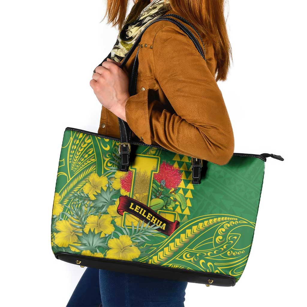 Hawaii Leilehua High School Leather Tote Bag Tribal Tattoo With Hibiscus Flowers LT05 Green - Polynesian Pride