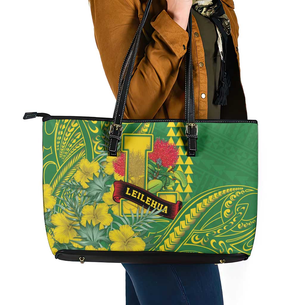 Hawaii Leilehua High School Leather Tote Bag Tribal Tattoo With Hibiscus Flowers LT05 - Polynesian Pride