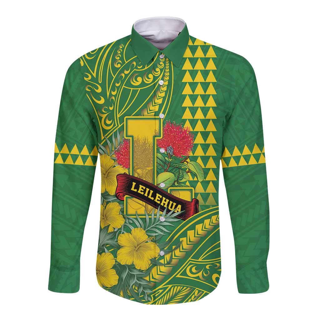 Personalised Hawaii Leilehua High School Long Sleeve Button Shirt Tribal Tattoo With Hibiscus Flowers LT05 Unisex Green - Polynesian Pride