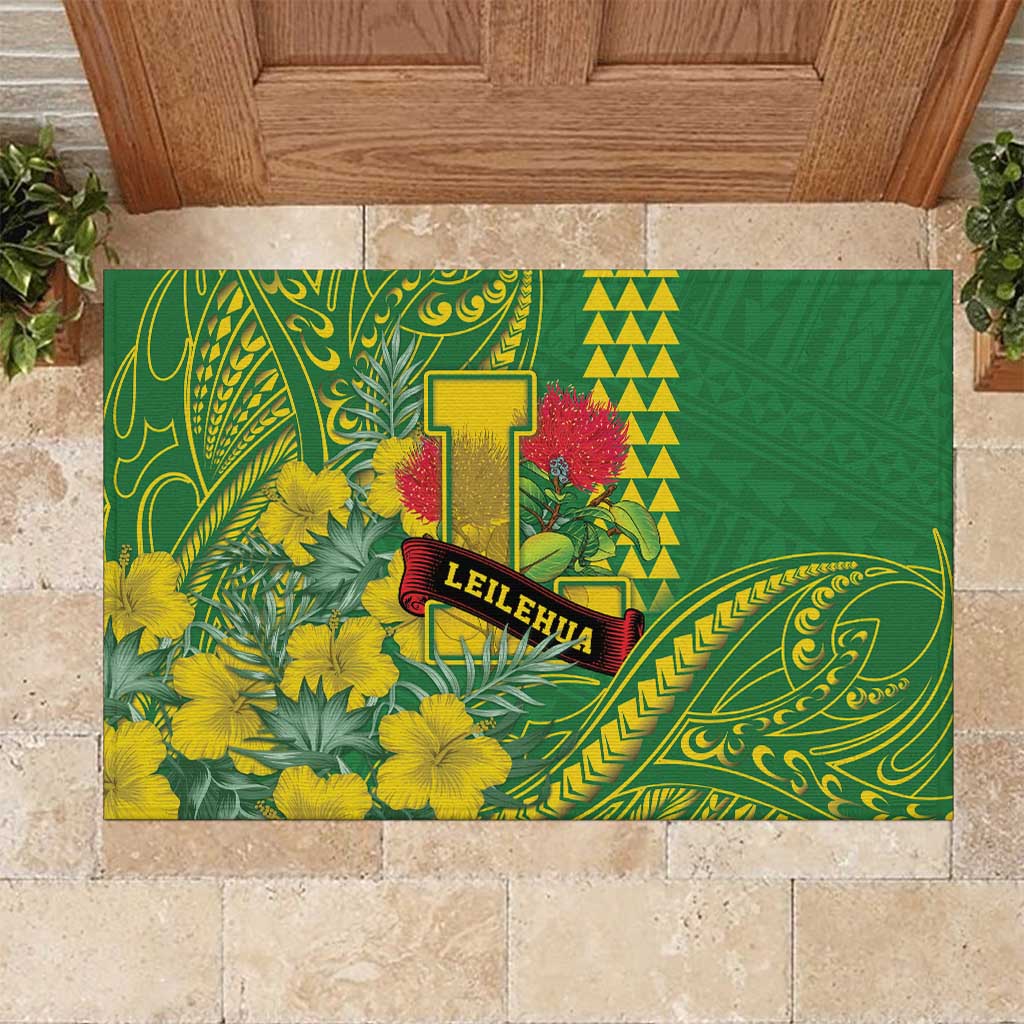 Hawaii Leilehua High School Rubber Doormat Tribal Tattoo With Hibiscus Flowers LT05 Green - Polynesian Pride