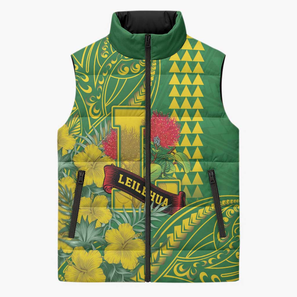 Personalised Hawaii Leilehua High School Sleeveless Puffer Jacket Tribal Tattoo With Hibiscus Flowers
