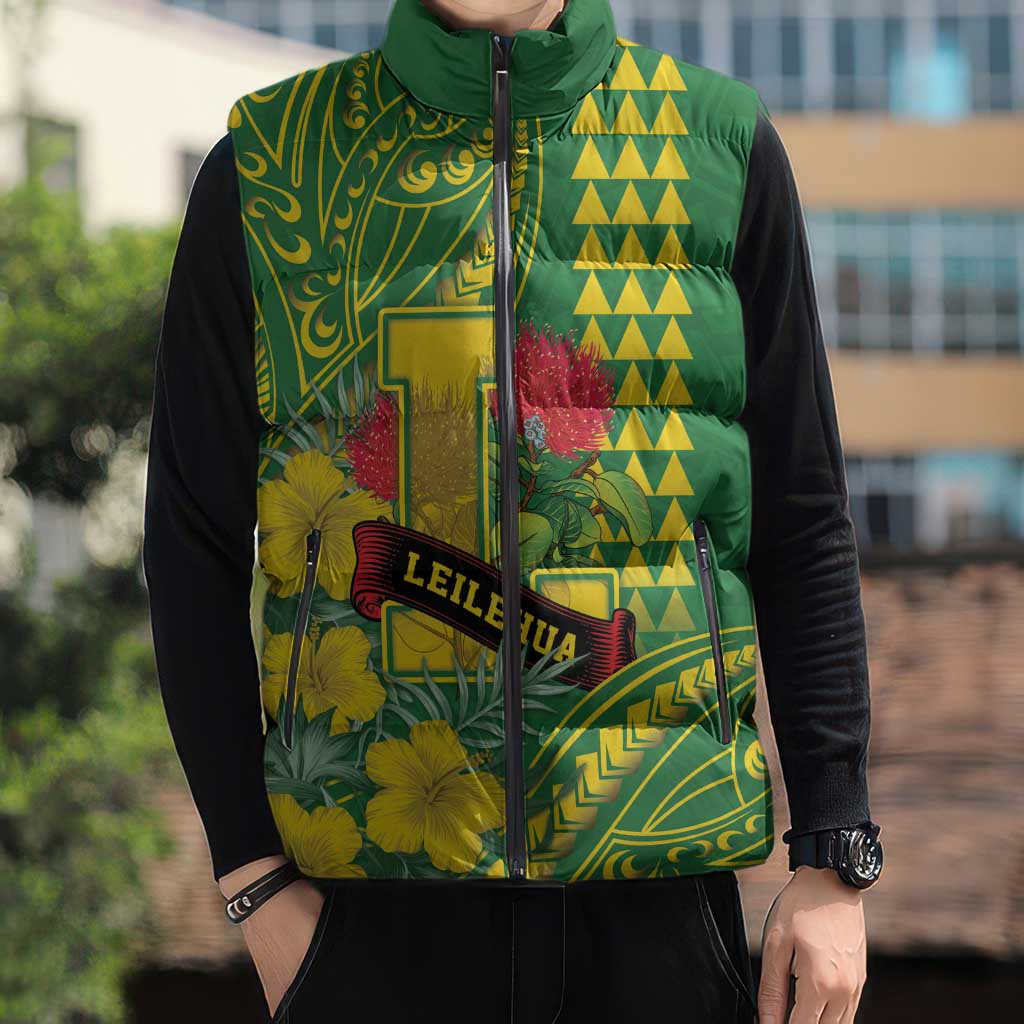 Personalised Hawaii Leilehua High School Sleeveless Puffer Jacket Tribal Tattoo With Hibiscus Flowers LT05 - Polynesian Pride