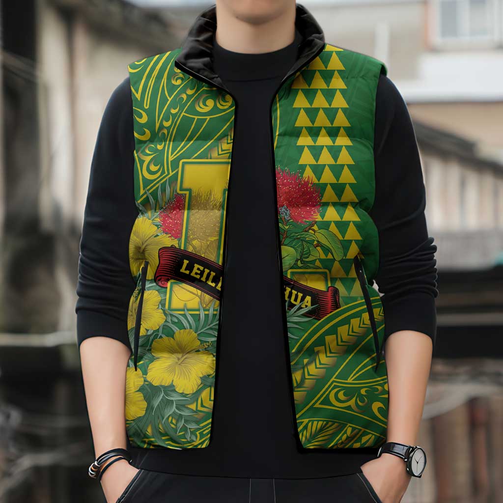 Personalised Hawaii Leilehua High School Sleeveless Puffer Jacket Tribal Tattoo With Hibiscus Flowers LT05 - Polynesian Pride