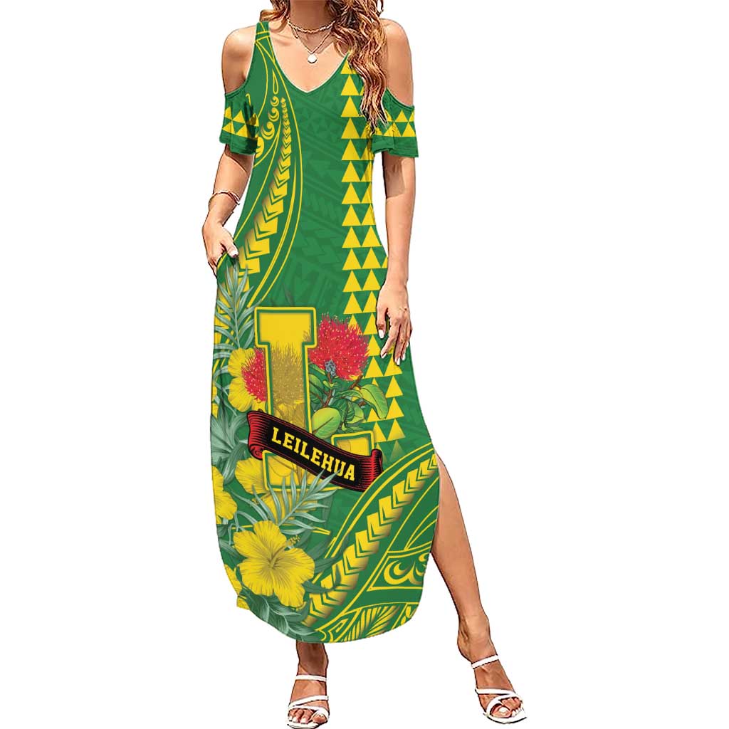 Personalised Hawaii Leilehua High School Summer Maxi Dress Tribal Tattoo With Hibiscus Flowers LT05 Women Green - Polynesian Pride