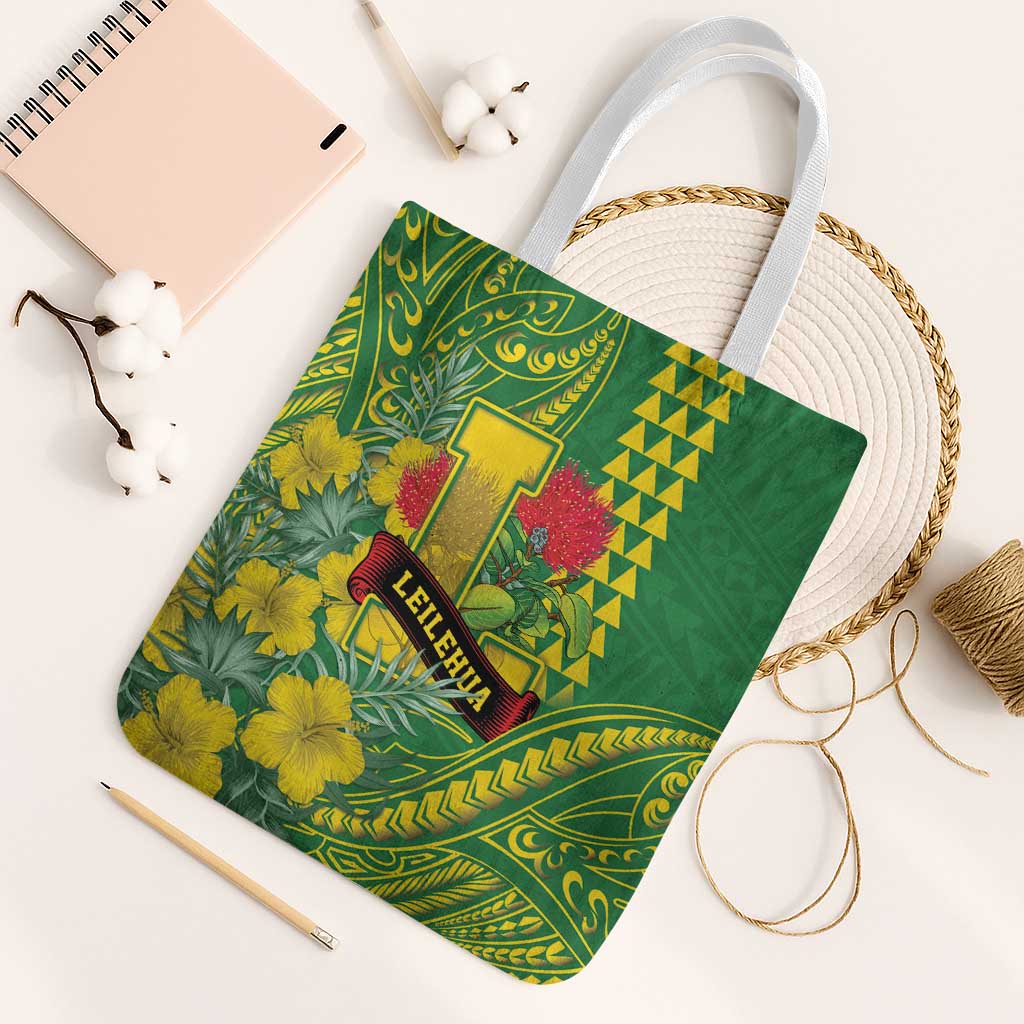 Hawaii Leilehua High School Tote Bag Tribal Tattoo With Hibiscus Flowers LT05 White Strap One Size Green - Polynesian Pride