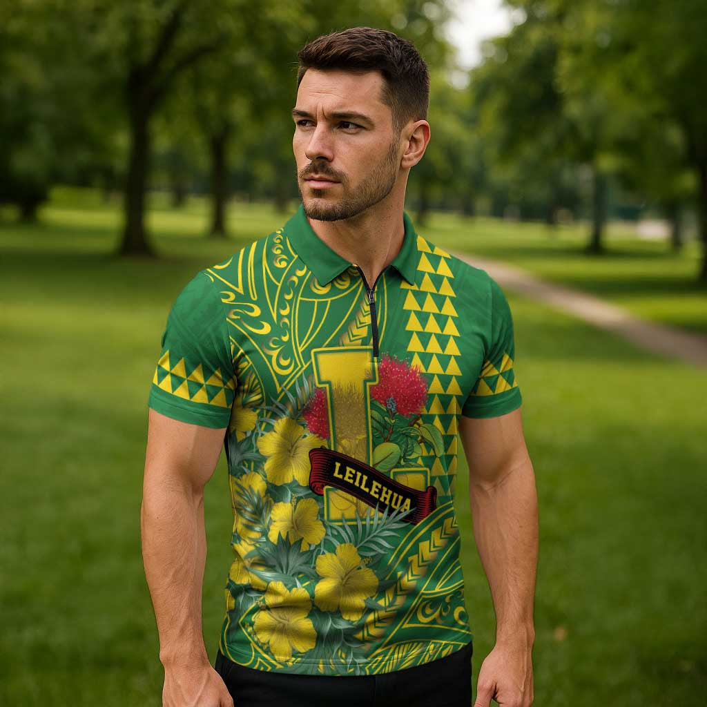 Personalised Hawaii Leilehua High School Zipper Polo Shirt Tribal Tattoo With Hibiscus Flowers