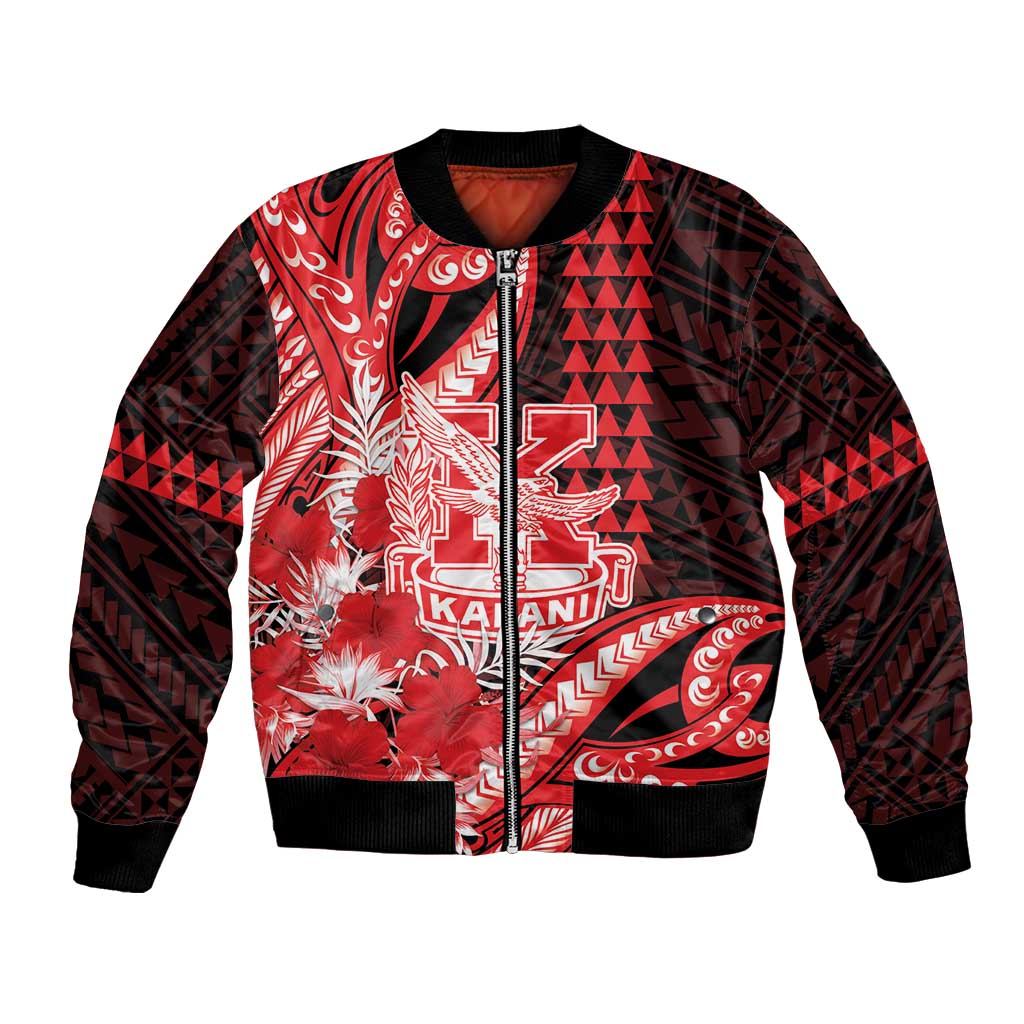 Personalised Hawaii Kalani High School Bomber Jacket Tribal Tattoo With Hibiscus Flowers LT05 Unisex Red - Polynesian Pride