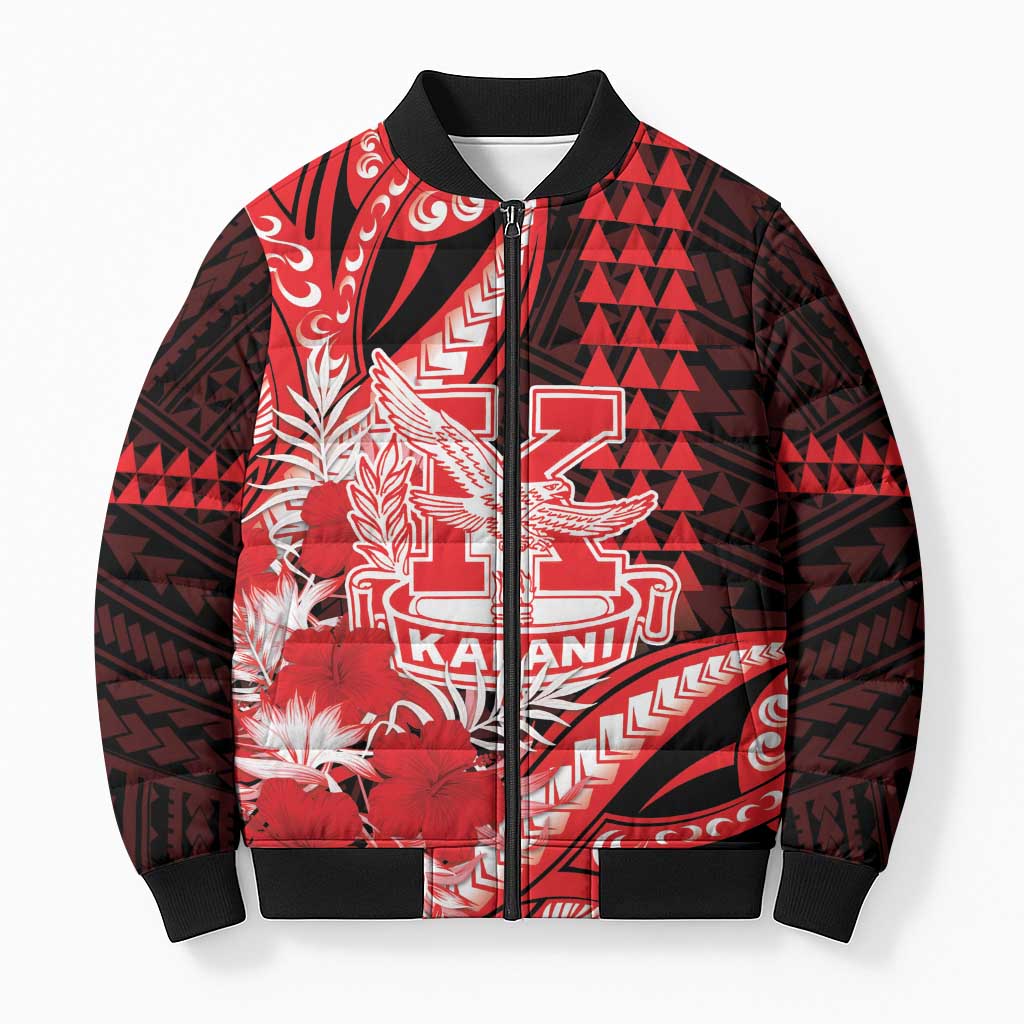 Personalised Hawaii Kalani High School Bomber Puffer Jacket Tribal Tattoo With Hibiscus Flowers LT05 Unisex Red - Polynesian Pride