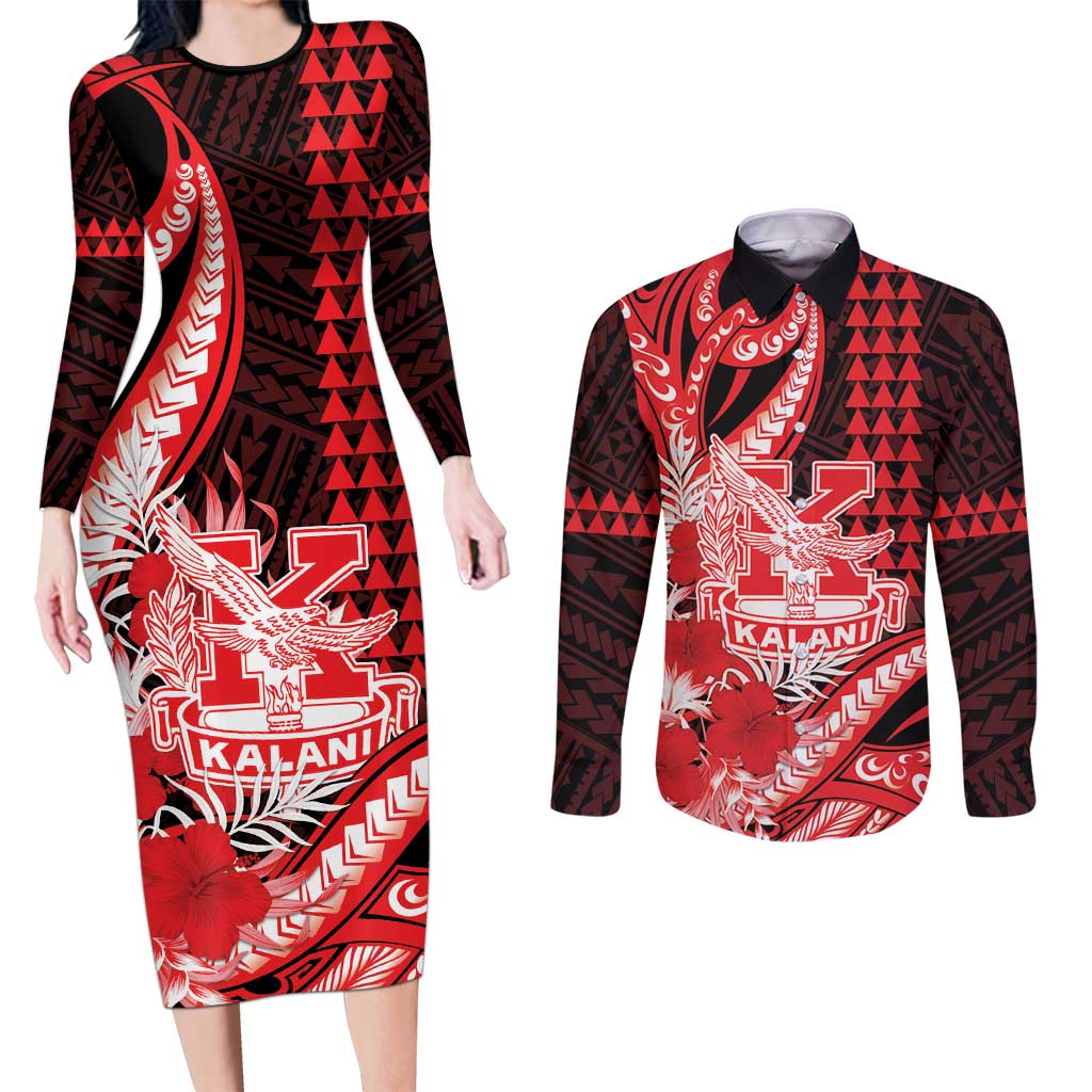Personalised Hawaii Kalani High School Couples Matching Long Sleeve Bodycon Dress and Long Sleeve Button Shirt Tribal Tattoo With Hibiscus Flowers