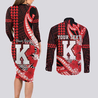 Personalised Hawaii Kalani High School Couples Matching Long Sleeve Bodycon Dress and Long Sleeve Button Shirt Tribal Tattoo With Hibiscus Flowers