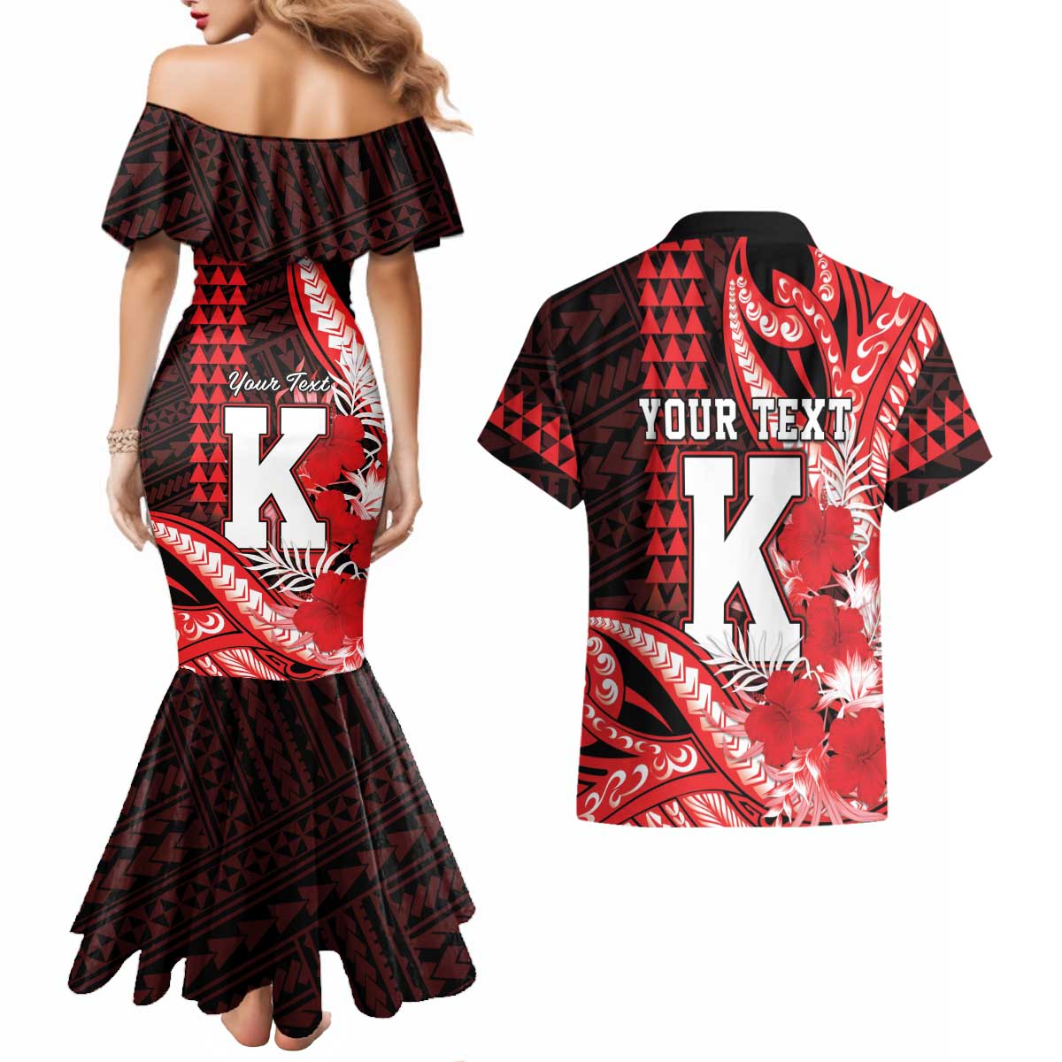Personalised Hawaii Kalani High School Couples Matching Mermaid Dress and Hawaiian Shirt Tribal Tattoo With Hibiscus Flowers LT05 - Polynesian Pride