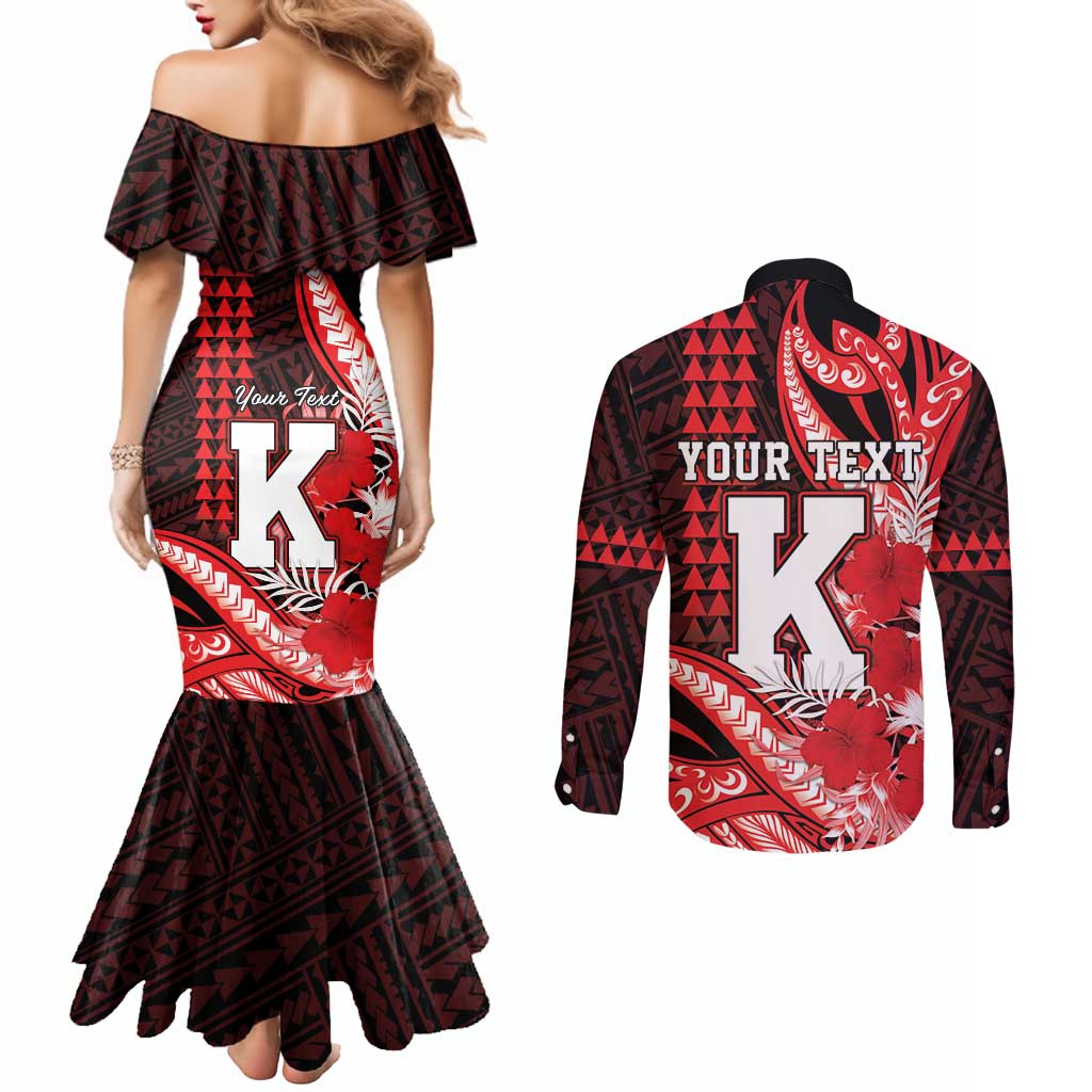 Personalised Hawaii Kalani High School Couples Matching Mermaid Dress and Long Sleeve Button Shirt Tribal Tattoo With Hibiscus Flowers