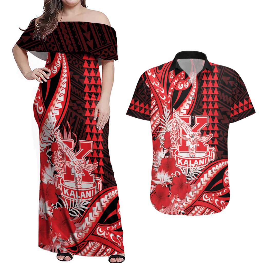 Personalised Hawaii Kalani High School Couples Matching Off Shoulder Maxi Dress and Hawaiian Shirt Tribal Tattoo With Hibiscus Flowers