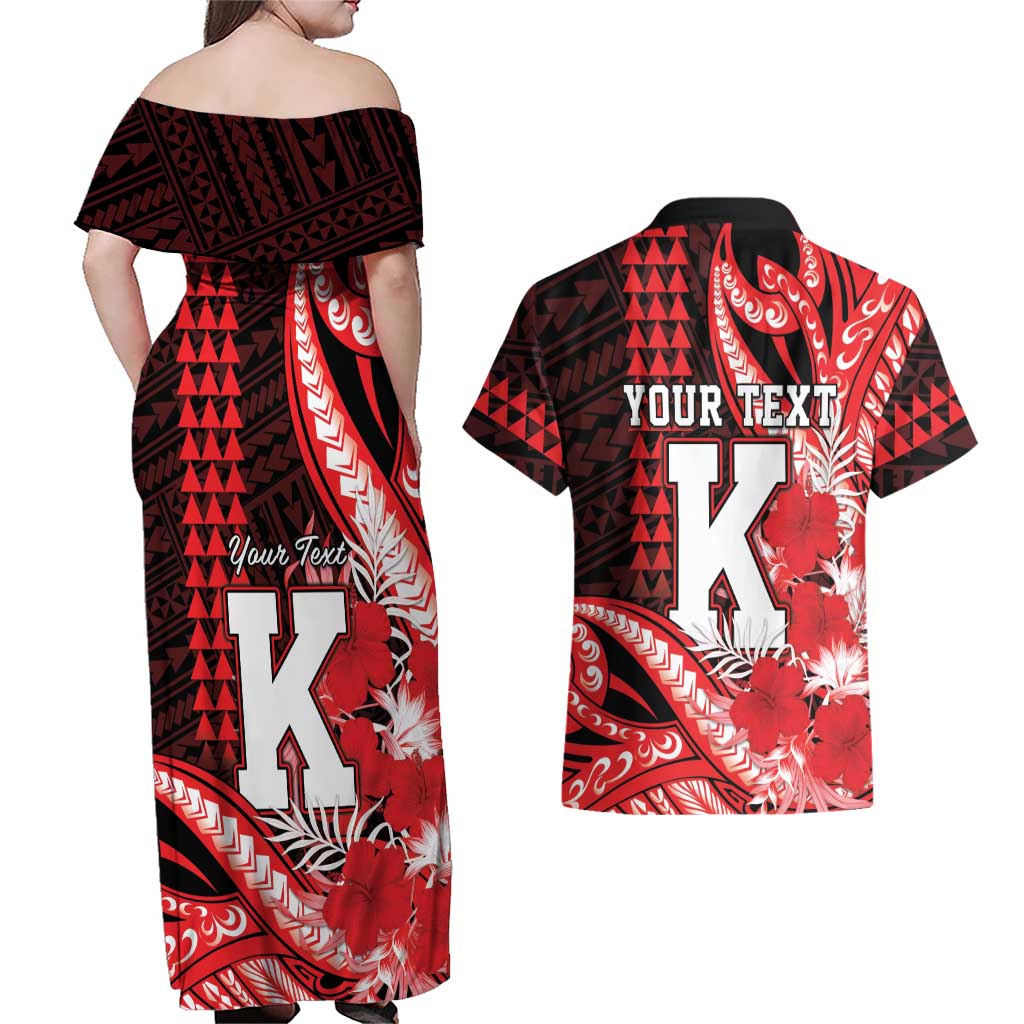 Personalised Hawaii Kalani High School Couples Matching Off Shoulder Maxi Dress and Hawaiian Shirt Tribal Tattoo With Hibiscus Flowers