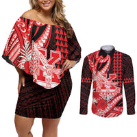 Personalised Hawaii Kalani High School Couples Matching Off Shoulder Short Dress and Long Sleeve Button Shirt Tribal Tattoo With Hibiscus Flowers