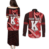 Personalised Hawaii Kalani High School Couples Matching Puletasi and Long Sleeve Button Shirt Tribal Tattoo With Hibiscus Flowers LT05 - Polynesian Pride