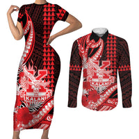 Personalised Hawaii Kalani High School Couples Matching Short Sleeve Bodycon Dress and Long Sleeve Button Shirt Tribal Tattoo With Hibiscus Flowers
