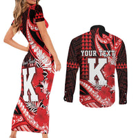 Personalised Hawaii Kalani High School Couples Matching Short Sleeve Bodycon Dress and Long Sleeve Button Shirt Tribal Tattoo With Hibiscus Flowers