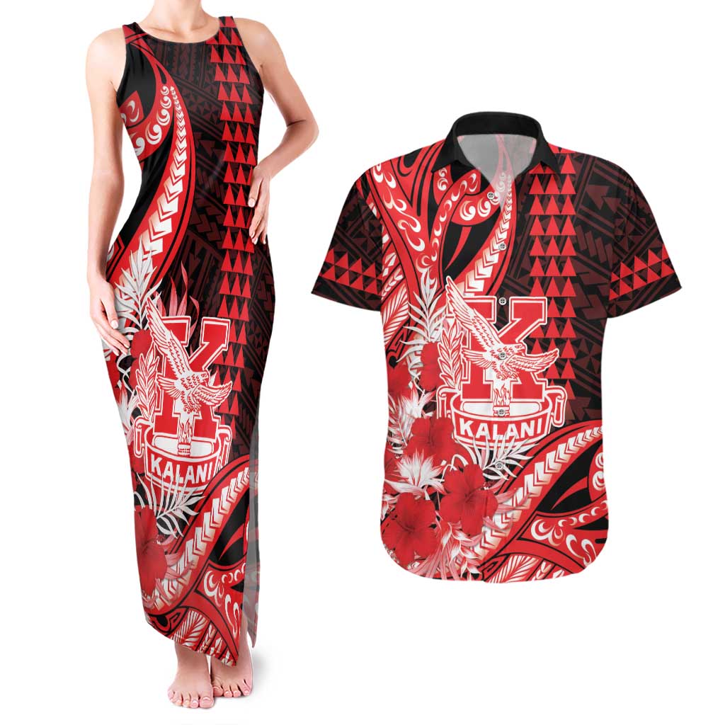 Personalised Hawaii Kalani High School Couples Matching Tank Maxi Dress and Hawaiian Shirt Tribal Tattoo With Hibiscus Flowers
