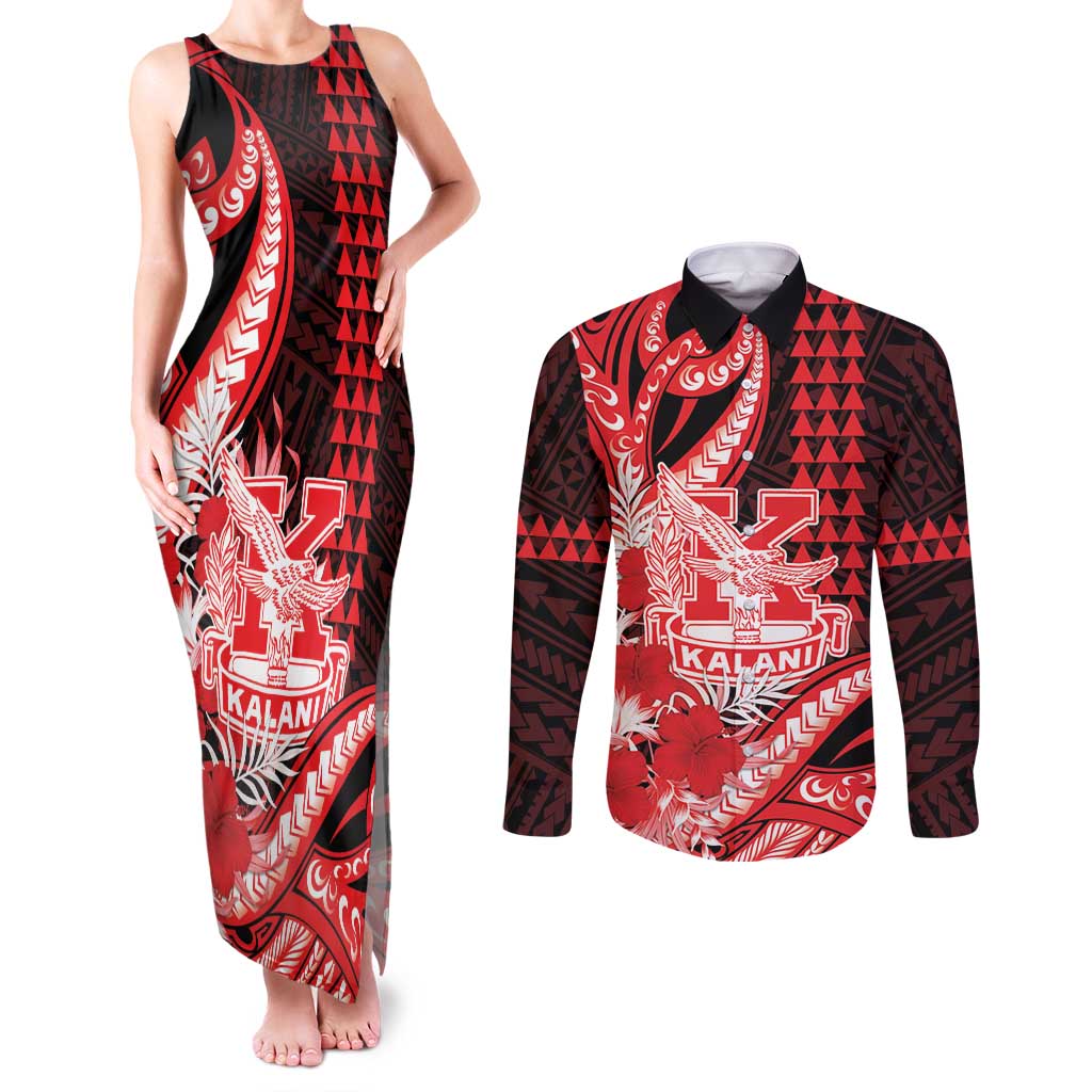 Personalised Hawaii Kalani High School Couples Matching Tank Maxi Dress and Long Sleeve Button Shirt Tribal Tattoo With Hibiscus Flowers