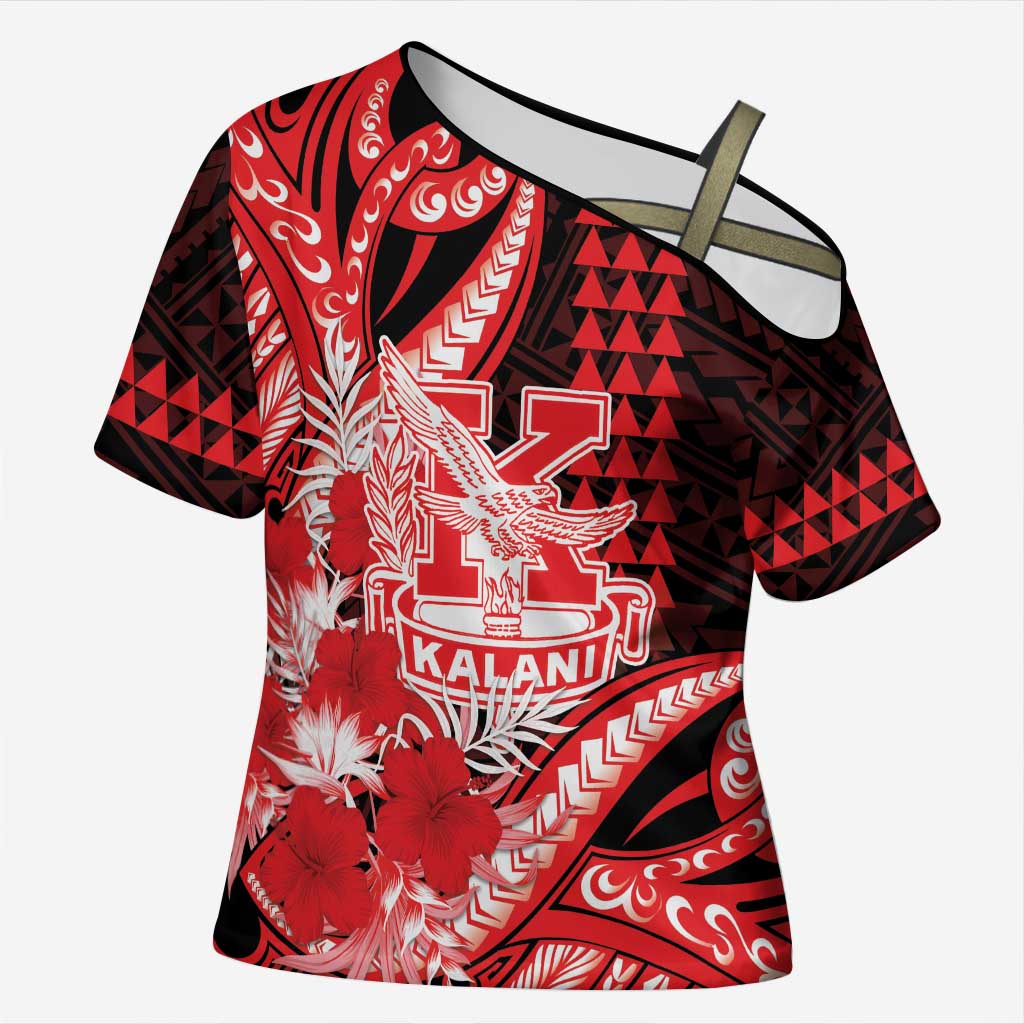 Personalised Hawaii Kalani High School Cross Shoulder Shirt Tribal Tattoo With Hibiscus Flowers LT05 Female Red - Polynesian Pride