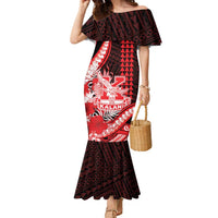 Personalised Hawaii Kalani High School Family Matching Mermaid Dress and Hawaiian Shirt Tribal Tattoo With Hibiscus Flowers LT05 Mom's Dress Red - Polynesian Pride