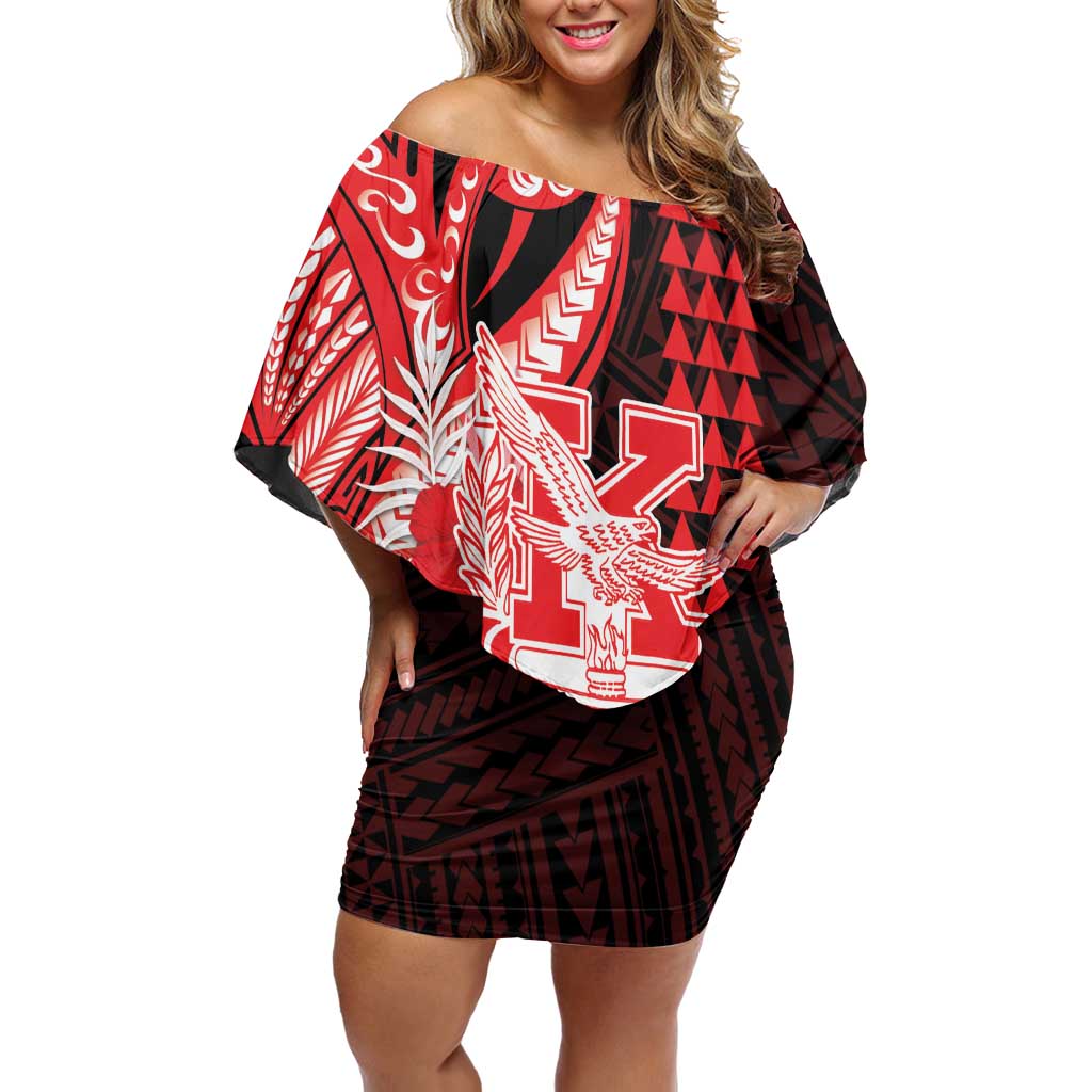 Personalised Hawaii Kalani High School Family Matching Off Shoulder Short Dress and Hawaiian Shirt Tribal Tattoo With Hibiscus Flowers LT05 Mom's Dress Red - Polynesian Pride