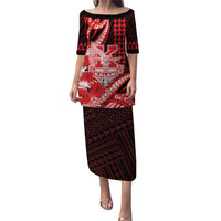 Personalised Hawaii Kalani High School Family Matching Puletasi and Hawaiian Shirt Tribal Tattoo With Hibiscus Flowers LT05 Mom's Dress Red - Polynesian Pride