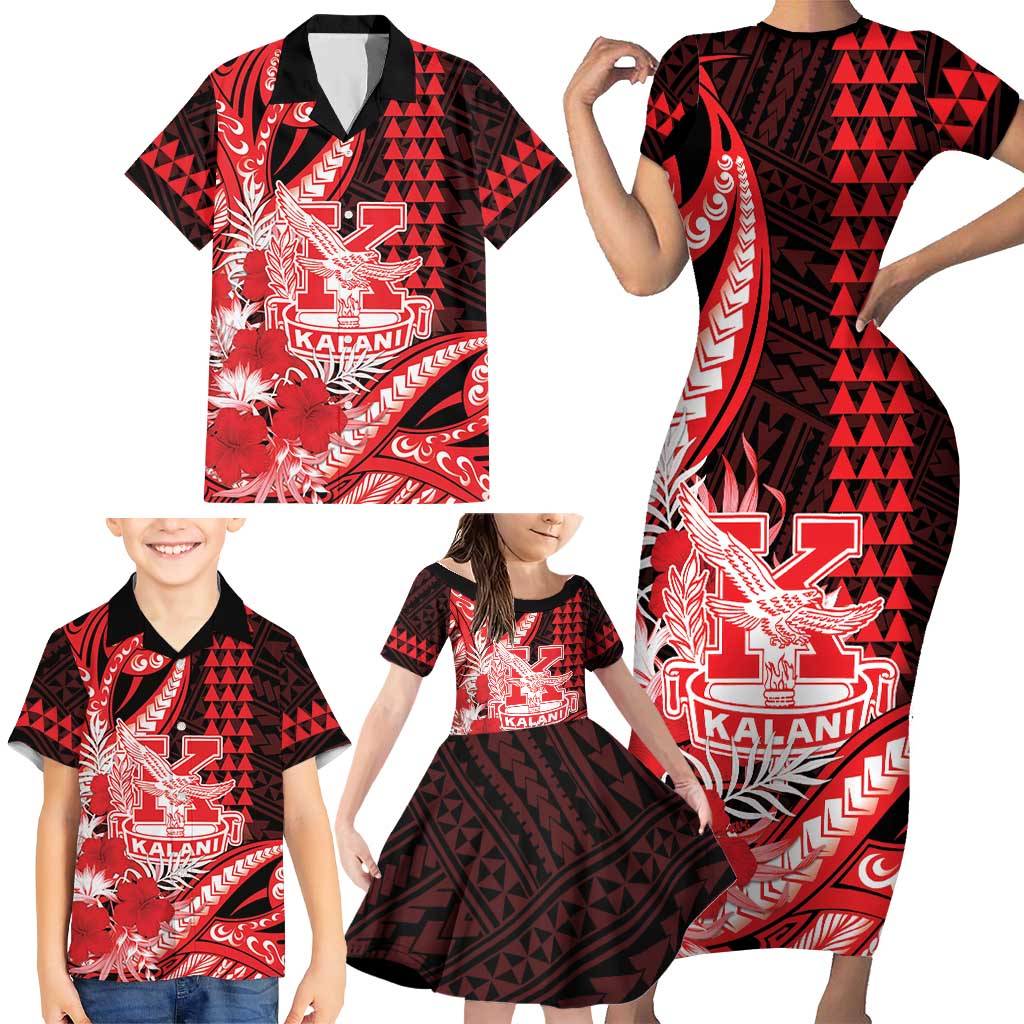 Personalised Hawaii Kalani High School Family Matching Short Sleeve Bodycon Dress and Hawaiian Shirt Tribal Tattoo With Hibiscus Flowers LT05 - Polynesian Pride