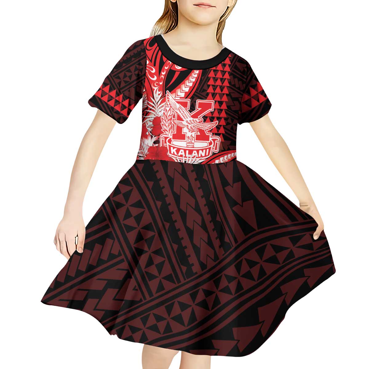 Personalised Hawaii Kalani High School Kid Short Sleeve Dress Tribal Tattoo With Hibiscus Flowers LT05 - Polynesian Pride
