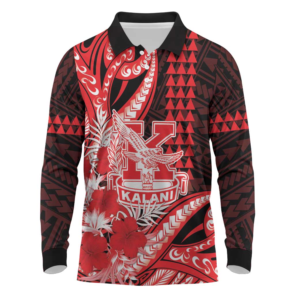 Personalised Hawaii Kalani High School Long Sleeve Polo Shirt Tribal Tattoo With Hibiscus Flowers LT05 Red - Polynesian Pride