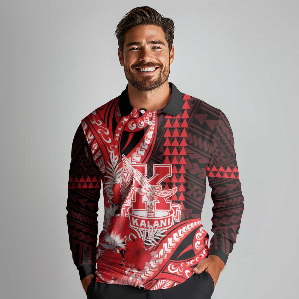 Personalised Hawaii Kalani High School Long Sleeve Polo Shirt Tribal Tattoo With Hibiscus Flowers LT05 - Polynesian Pride