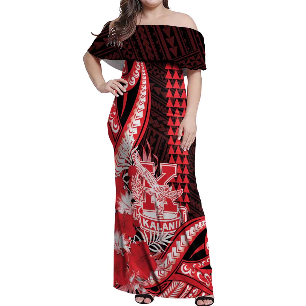 Personalised Hawaii Kalani High School Off Shoulder Maxi Dress Tribal Tattoo With Hibiscus Flowers LT05 Women Red - Polynesian Pride