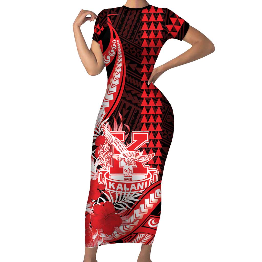 Personalised Hawaii Kalani High School Short Sleeve Bodycon Dress Tribal Tattoo With Hibiscus Flowers LT05 Long Dress Red - Polynesian Pride