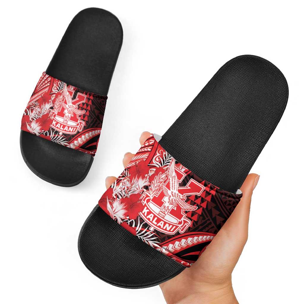 Hawaii Kalani High School Slide Sandals Tribal Tattoo With Hibiscus Flowers