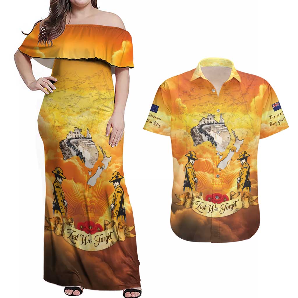 New Zealand And Australia ANZAC Day Couples Matching Off Shoulder Maxi Dress and Hawaiian Shirt Sinai Palestine Campaign Lest We Forget