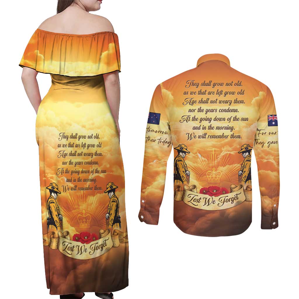 New Zealand And Australia ANZAC Day Couples Matching Off Shoulder Maxi Dress and Long Sleeve Button Shirt Sinai Palestine Campaign Lest We Forget