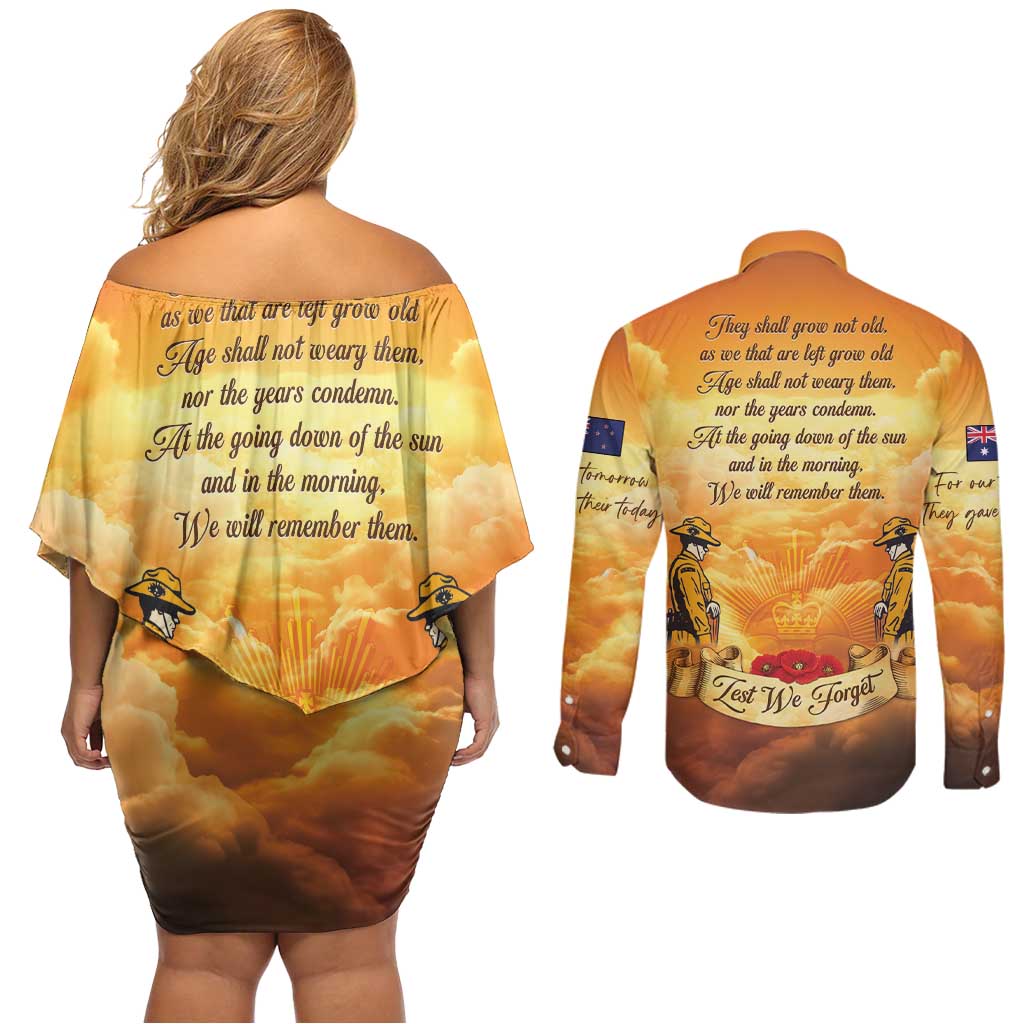 New Zealand And Australia ANZAC Day Couples Matching Off Shoulder Short Dress and Long Sleeve Button Shirt Sinai Palestine Campaign Lest We Forget