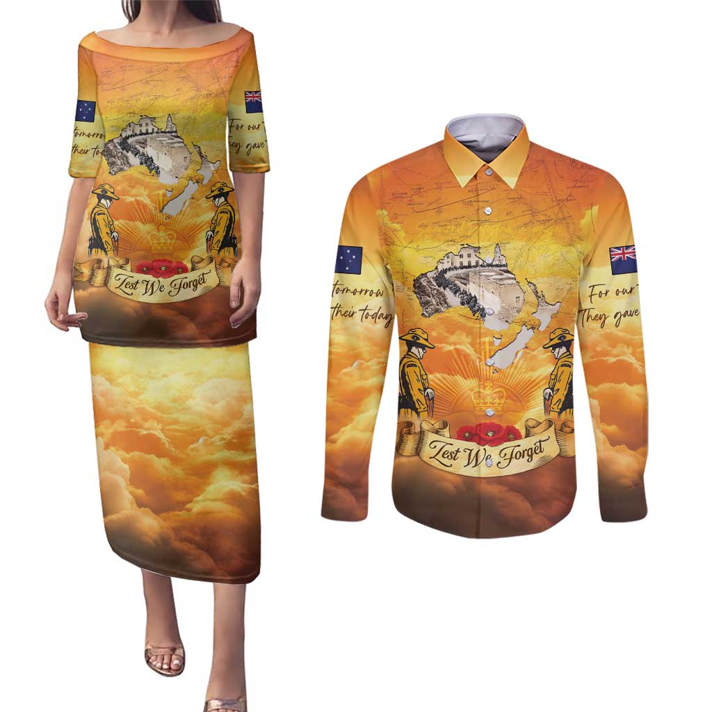 New Zealand And Australia ANZAC Day Couples Matching Puletasi and Long Sleeve Button Shirt Sinai Palestine Campaign Lest We Forget
