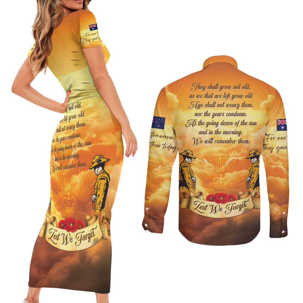New Zealand And Australia ANZAC Day Couples Matching Short Sleeve Bodycon Dress and Long Sleeve Button Shirt Sinai Palestine Campaign Lest We Forget