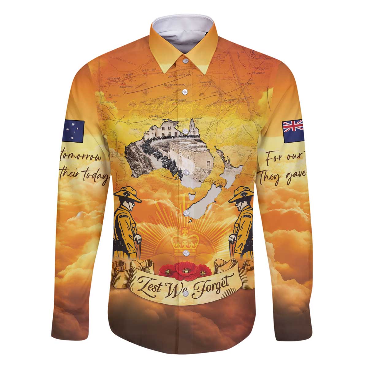 New Zealand And Australia ANZAC Day Family Matching Off The Shoulder Long Sleeve Dress and Hawaiian Shirt Sinai Palestine Campaign Lest We Forget