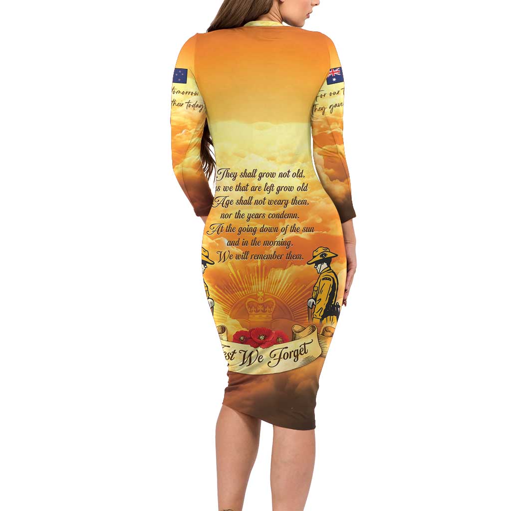 New Zealand And Australia ANZAC Day Long Sleeve Bodycon Dress Sinai Palestine Campaign Lest We Forget