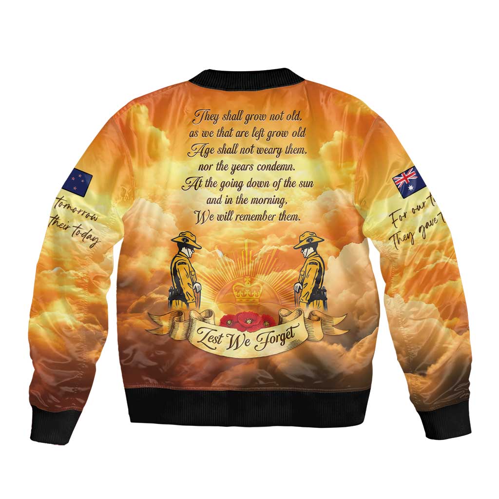 New Zealand And Australia ANZAC Day Sleeve Zip Bomber Jacket Sinai Palestine Campaign Lest We Forget