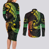 AAPI Heritage Month Couples Matching Long Sleeve Bodycon Dress and Long Sleeve Button Shirt Kanaka Maoli Polynesian Tribal Wave